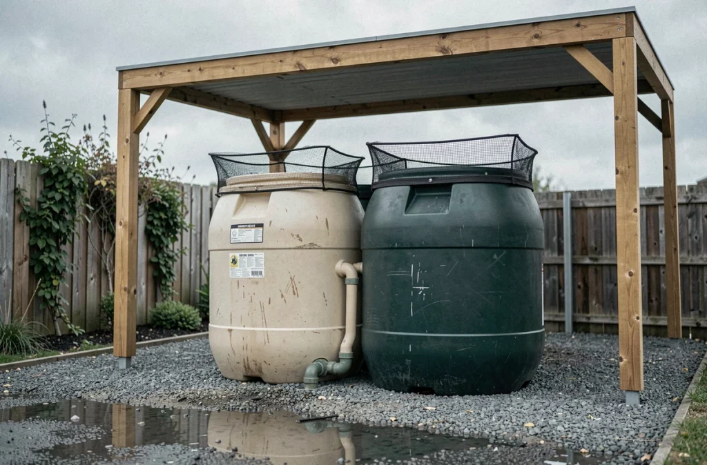 Deux fûts de 200 litres récupérés reliés en série sous un auvent en bois pour stocker l'eau de pluie dans une propriété résidentielle