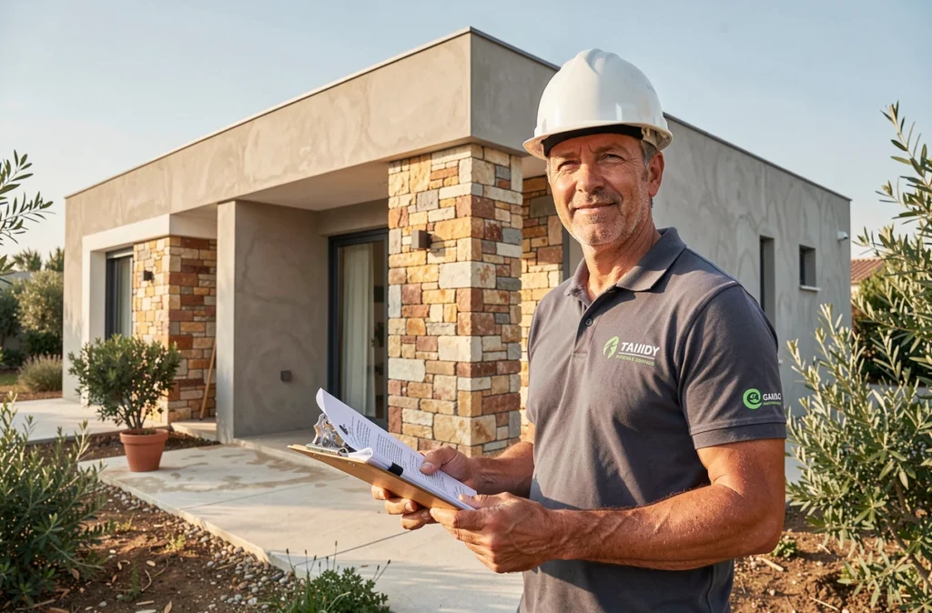 Entrepreneur d'Elbiconstruction devant une extension résidentielle achevée en pierre et béton enduit dans le Gard, tenant des documents de chantier