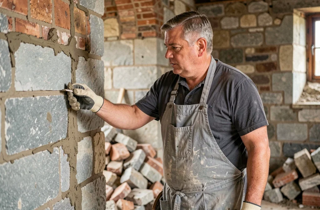 Maçon d'ERGON appliquant du mortier sur un mur porteur en pierre lors d'une rénovation structurelle