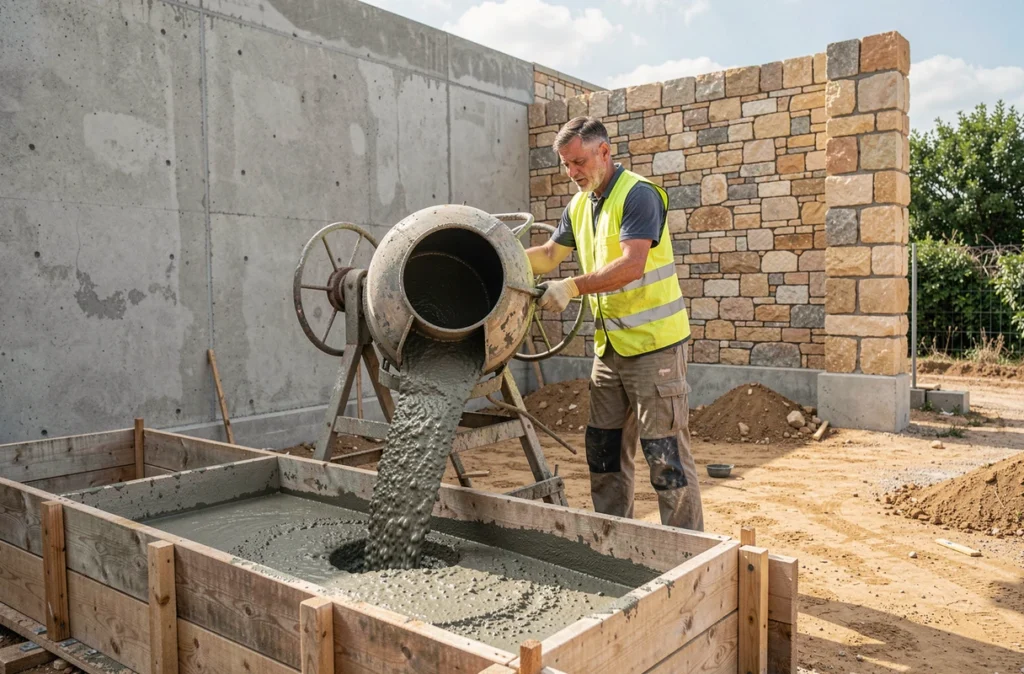 Éric Fesquet utilisant une bétonnière sur un chantier résidentiel dans le Gard, coulant du béton frais dans un coffrage en bois