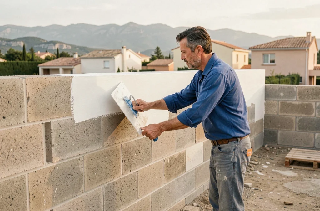 Stéphane Flores appliquant un enduit blanc sur la façade d'une maison neuve dans le Gard avec les collines des Cévennes visibles à l'horizon