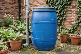 Fût de 200 litres bleu connecté à une descente de gouttière dans un jardin potager résidentiel pour la récupération d'eau de pluie
