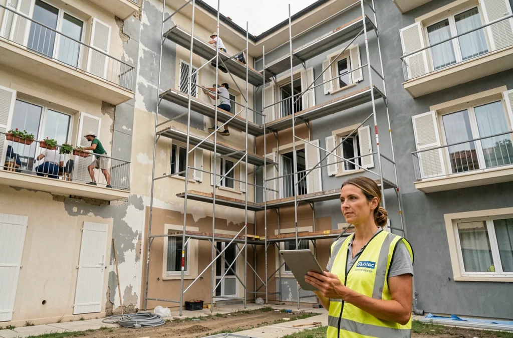 Cheffe de projet de Gard Façades Rénovation supervisant des travaux de ravalement sur un immeuble en copropriété dans le Gard