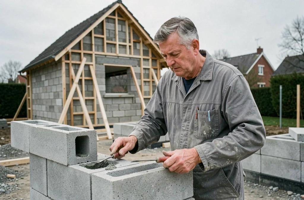 Maçon de GC BAT inspectant des travaux de gros œuvre sur un chantier résidentiel familial