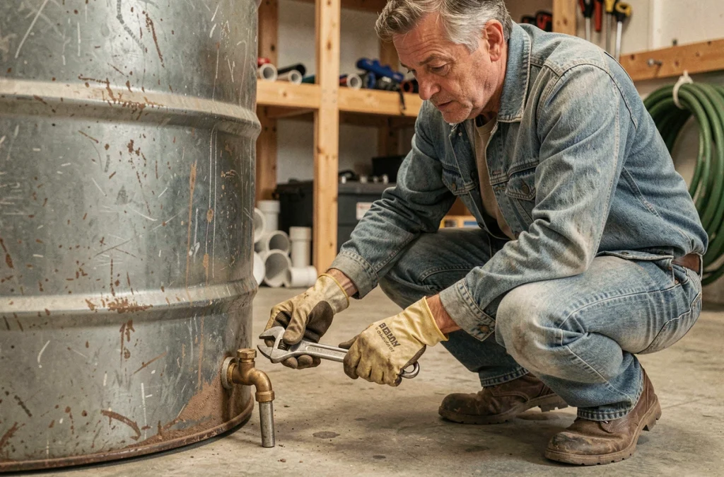 Homme installant un robinet sur un fût industriel recyclé de 200 litres dans un atelier pour créer un récupérateur d'eau maison