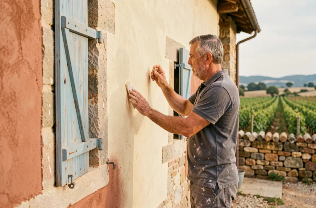 Expert de Languedoc Façades lissant un enduit coloré sur la façade d'une maison de caractère en Occitanie