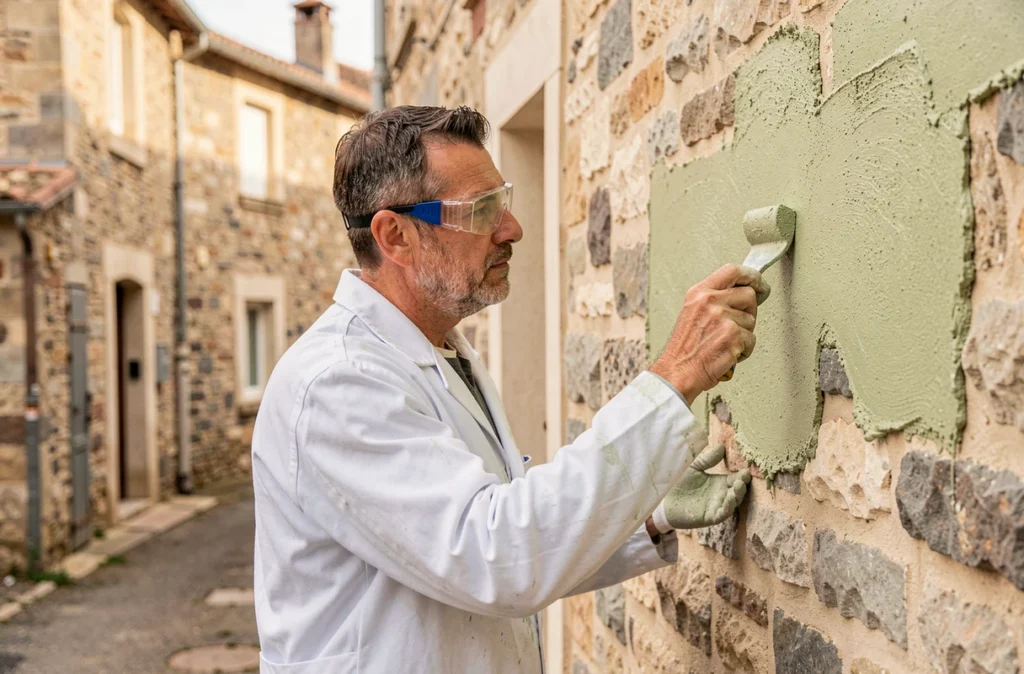 Façadier de LG Façades appliquant un enduit sur une maison en pierre à Saint-Chaptes dans le Gard