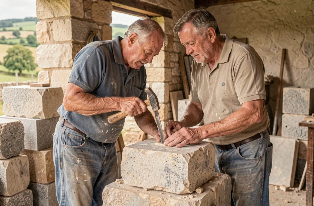 Denis Masseport travaillant la pierre calcaire à l'atelier, taillant un bloc naturel avec marteau et burin dans le respect des techniques traditionnelles du Gard