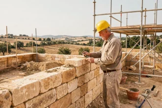 Un maçon expérimenté inspecte un mur en pierre calcaire sur un chantier dans le Gard, symbolisant l'excellence de la maçonnerie locale en 2026