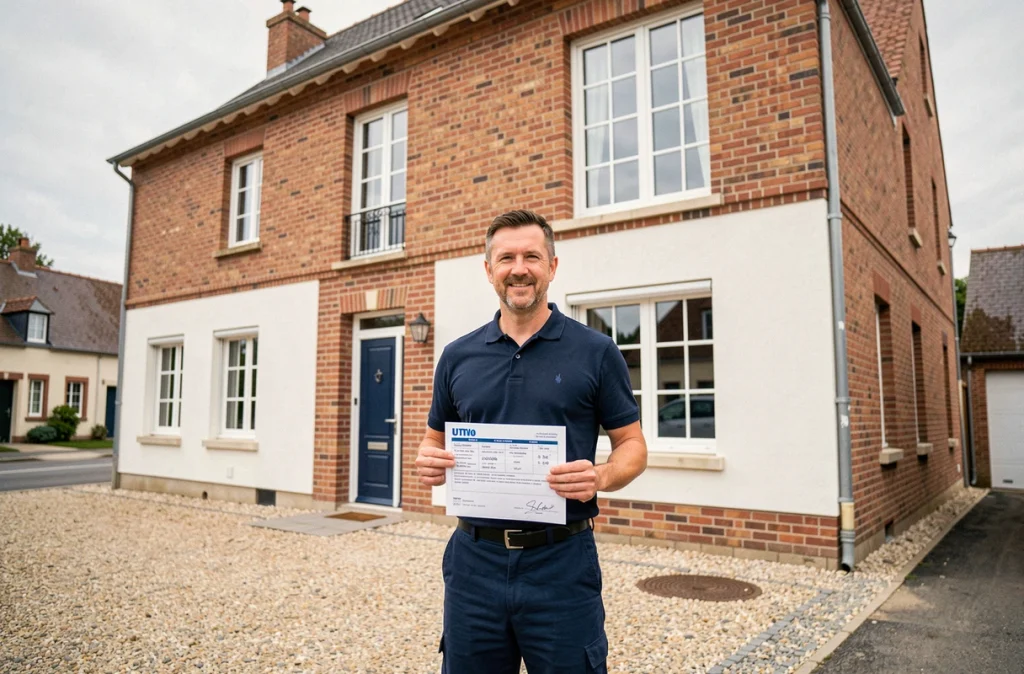 Entrepreneur de NLHC Construction tenant un permis de construire devant une maison entièrement rénovée