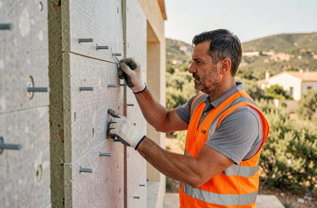 Technicien d'Occinergy posant des panneaux d'isolation thermique par l'extérieur sur une maison dans le Gard