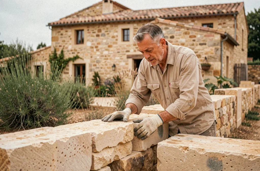 Maçon de Perez-Bauzadat Maçonnerie Générale posant des blocs de pierre calcaire pour la construction d'un mur traditionnel dans le Gard