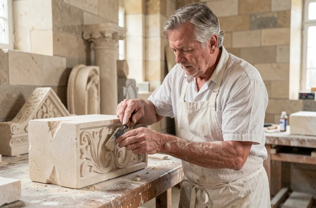 Tailleur de pierre de Prestige Pierre ciselant un bloc de calcaire lors d'une restauration patrimoniale