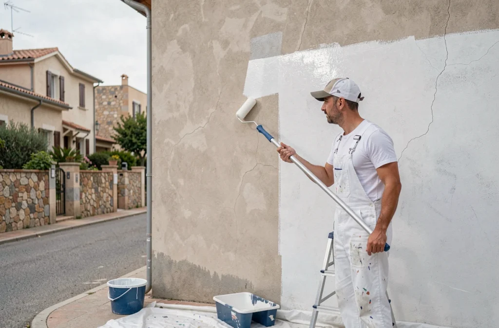 Peintre de Pro Façade 30 appliquant de la peinture extérieure sur une façade en crépi dans le Gard