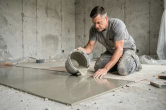 Ouvrier versant du ragréage autonivelant sur un sol en béton lors de travaux de rénovation intérieure