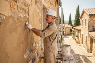 Artisan en train de réaliser un ravalement de façade sur un bâtiment traditionnel dans le Gard, avec échafaudage et outils de plâtrier visibles
