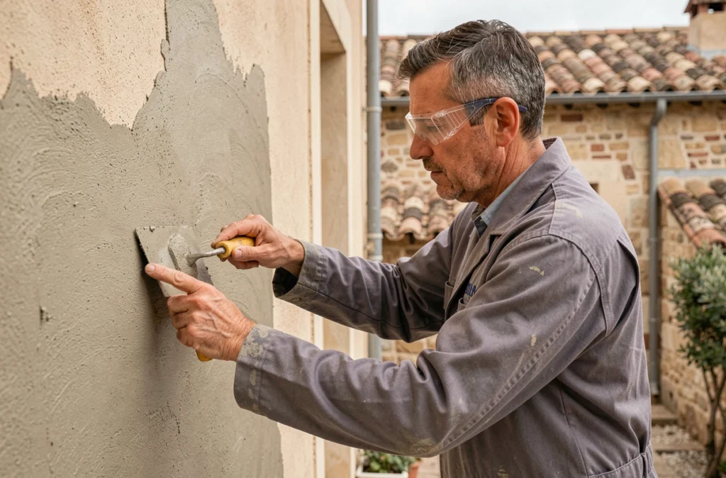 Maçon de RCT appliquant un enduit de mortier sur la façade d'une maison résidentielle dans le Gard avec précision et soin