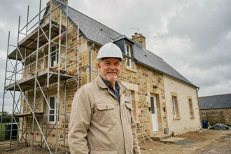 Ouvrier en rénovation devant une maison en pierre du Pas-de-Calais avec échafaudage