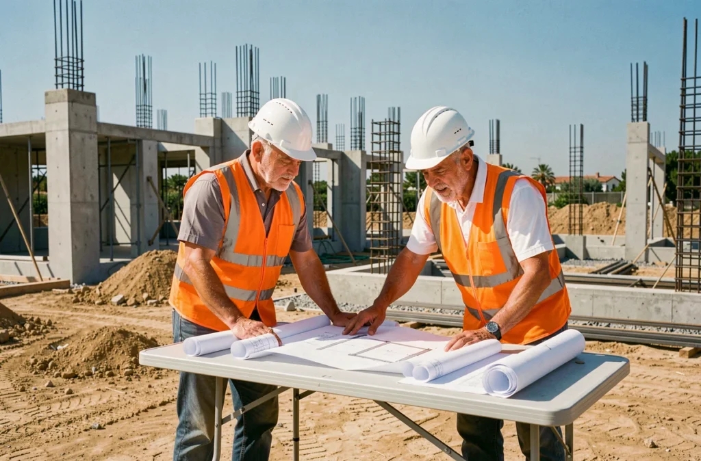 Deux ouvriers de la SARL CRC consultent des plans sur un chantier de construction dans le Gard, béton et armatures métalliques visibles en arrière-plan