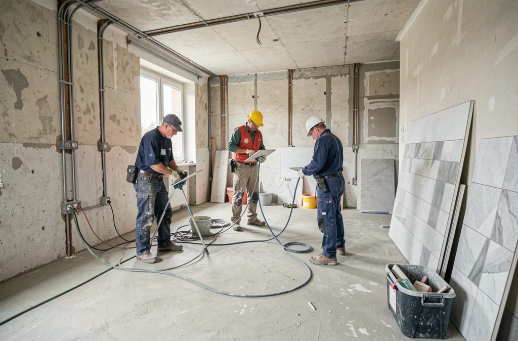 Équipe multi-corps de métier de Société Quesnez travaillant sur un chantier de rénovation tous corps d'état