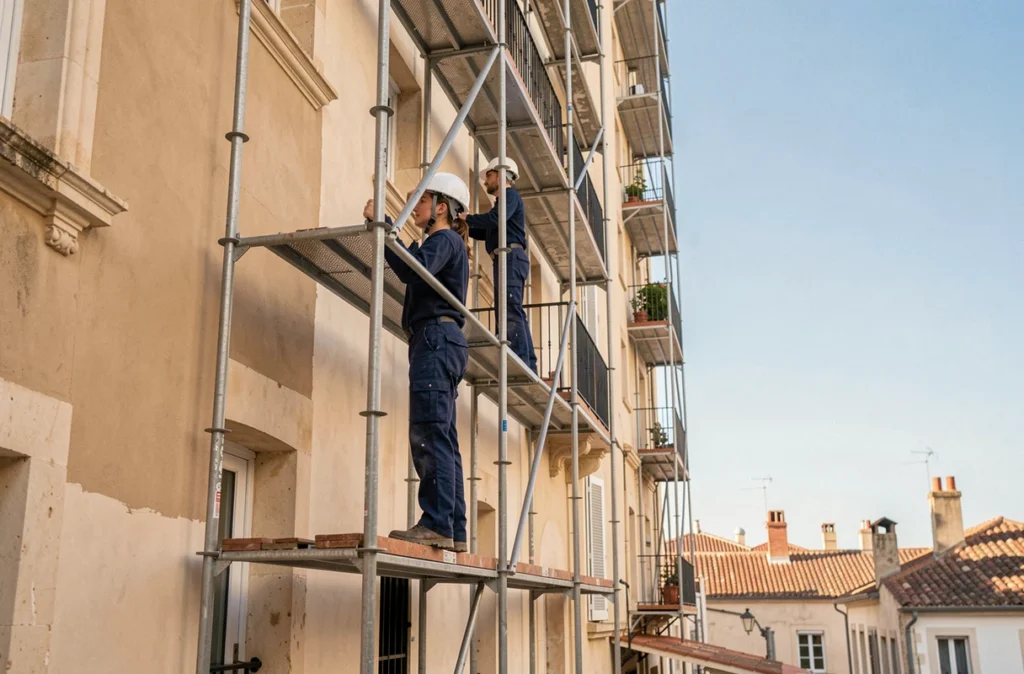 Équipe de Solybat effectuant des travaux de ravalement sur un immeuble à Nîmes avec échafaudage et enduit en cours d'application