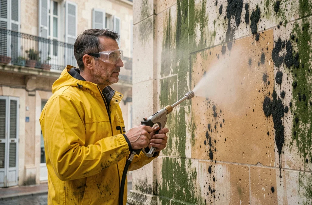 Technicien de Sud Ravalement nettoyant une façade en pierre calcaire avec un équipement haute pression, révélant la pierre d'origine sous les salissures