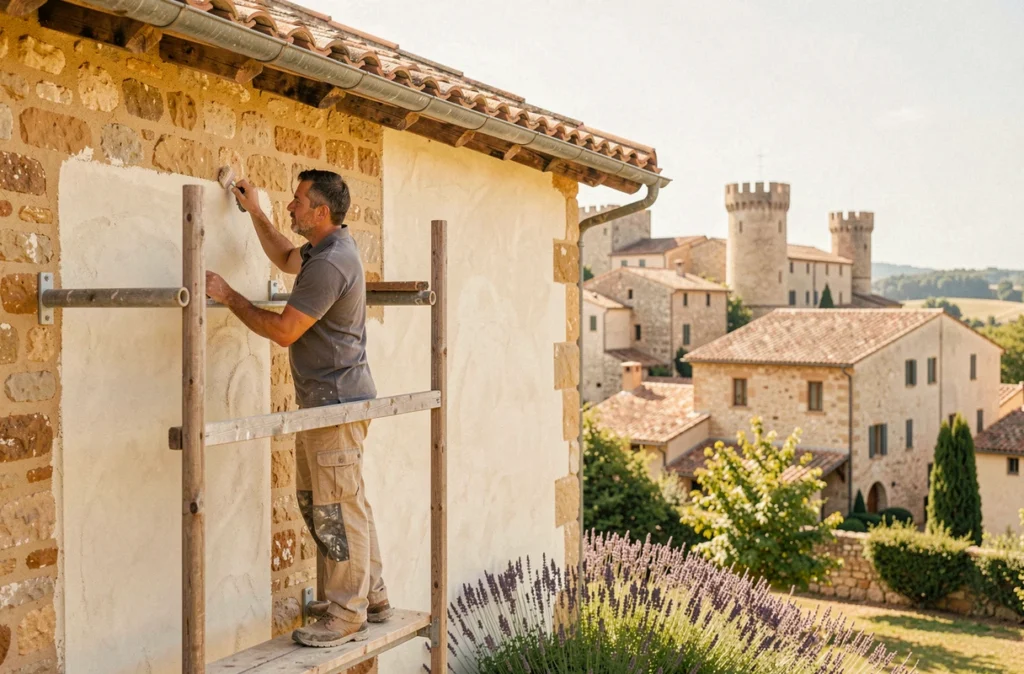 Façadier de Villeneuve Ravalement appliquant un enduit sur une maison provençale avec les toits de Villeneuve-lès-Avignon en arrière-plan