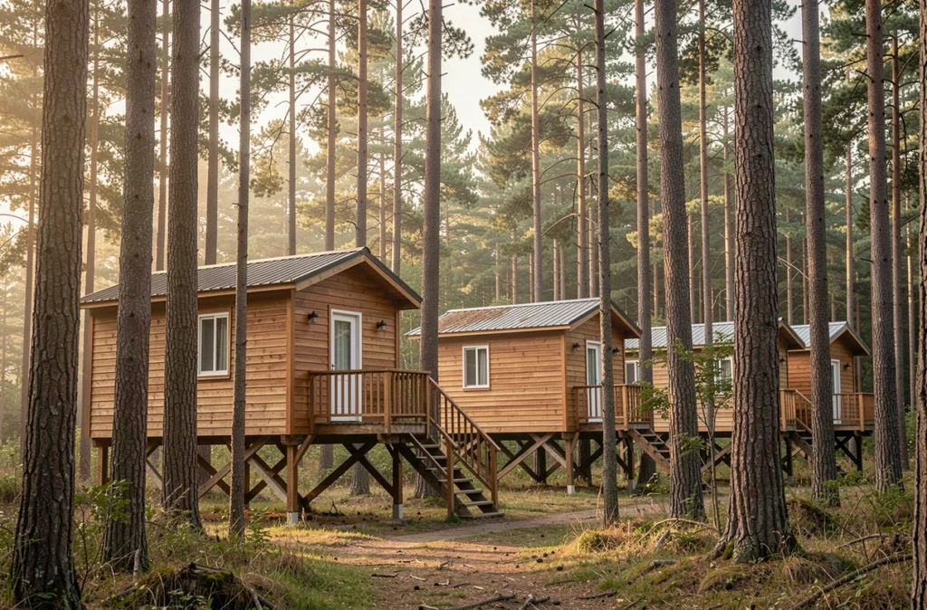 Cabanes en bois sur pilotis au milieu des arbres