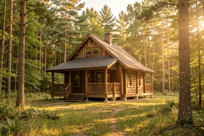 Lodge en bois isolé dans une clairière boisée